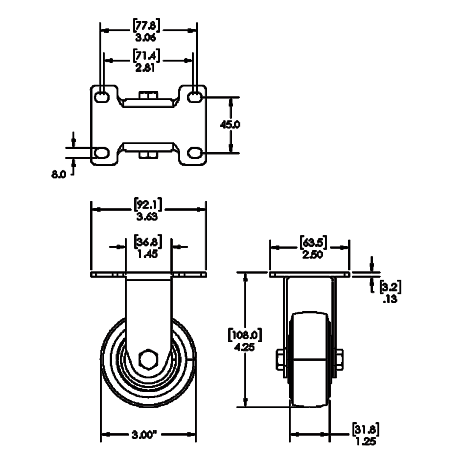 31-RPD3-5 MODULAR SOLUTIONS CASTER 3 IN, RIGID TOP PLATE TOP FLAT PLATE/BALL BEARING